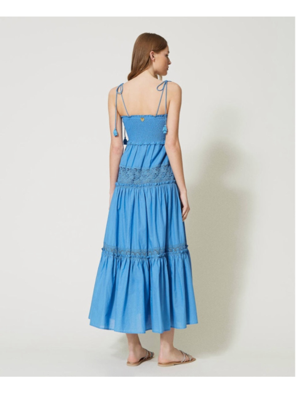 Twinset Milano Long Flounced Dress with Macrame Lace Womens Size Small Boho - Picture 4 of 14
